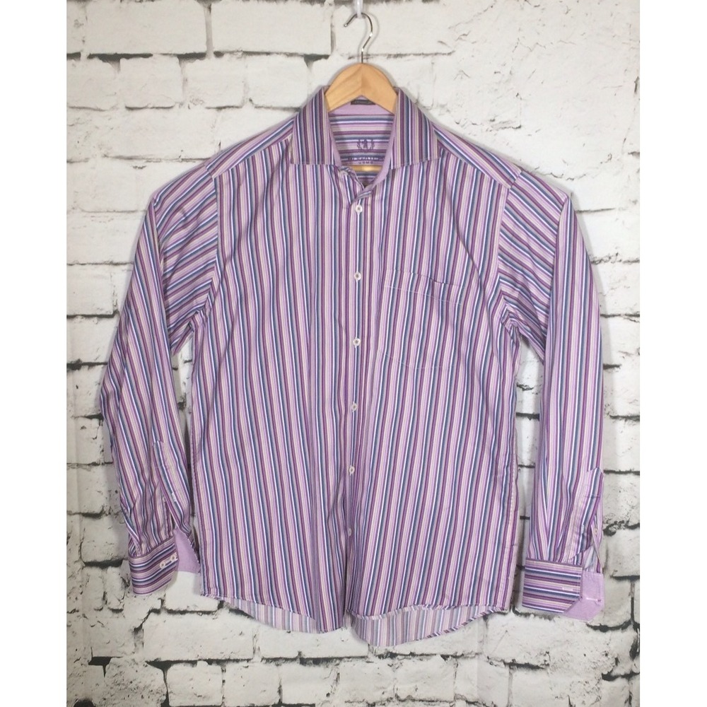 Bugatchi Uomo Mens Shirt Medium Purple Striped Button Front Long Sleeve Cotton